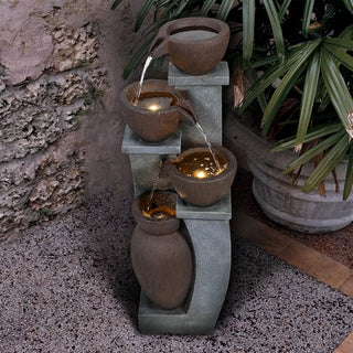 33-inch Tall Cascading Rustic Bowls Fountain with LED Lights Yard Decoration