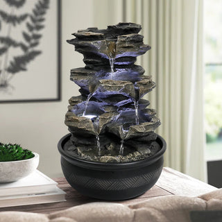 15.7-inch Tall Rock Cascading Zen Meditation Tabletop Fountain with LED Light