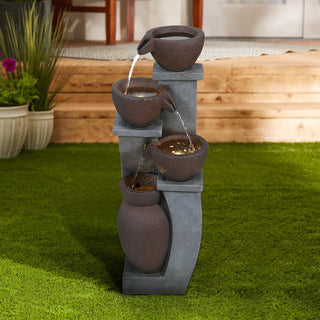 33-inch Tall Cascading Rustic Bowls Fountain with LED Lights Yard Decoration
