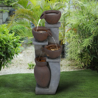 33-inch Tall Cascading Rustic Bowls Fountain with LED Lights Yard Decoration