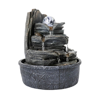ZEN Flowing Fountain 4-Tier Rockery Tabletop Fountain Cascading Fountain w/Led Light & Ball