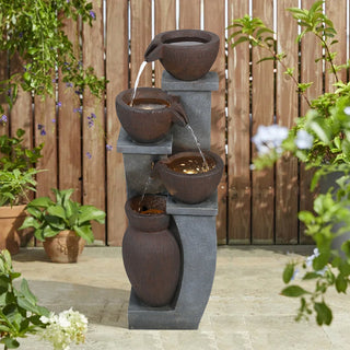 ZEN Flowing Fountain 33-inch Tall Cascading Rustic Bowls Fountain with LED Lights Yard Decoration