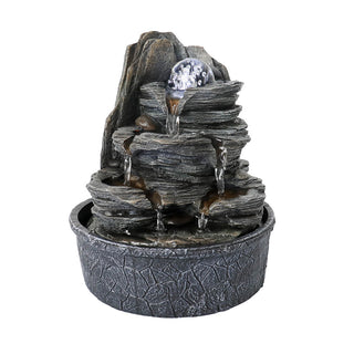 ZEN Flowing Fountain 4-Tier Rockery Tabletop Fountain Cascading Fountain w/Led Light & Ball
