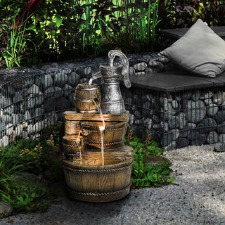 25.5-inch Tall Barrel 5-Tiered Cascading Outdoor Water Fountain with LED Lights