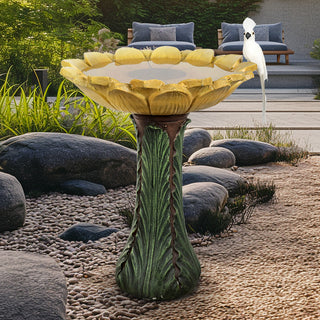 24.4 in. H Concrete Outdoor Birdbath - Sunflower Bowl with Green Leaf Pedestal for Garden, Patio, Lawn, Yard Decor