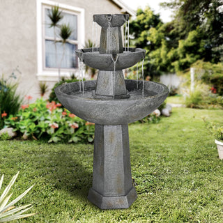 43.3” High Outdoor Water Fountain, 3-Tiers Concrete Outdoor Floor Waterfall Fountain with Pump