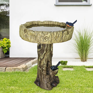 24.4 Inch Heigh Wood-Look Concrete Bird Bath with Decorative Faux Bird – birdbath Rustic & Long-Lasting