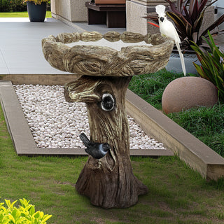 23” Tall Fibre Reinforced Concrete Birdbaths with Birds for Patio, Woodland Tree Trunk Decorative Outdoor Bird Bath for Garden,Pedestal Birdbaths for Outdoors, Garden, Patio, Lawn, Backyard