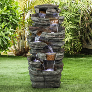 48" Tall Outdoor 6-Tier Amazonian Rainforest Waterfall Fountain with 30 LED Lights