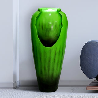 30.7-inch Tall Concrete Green Modern Jar Cascading Water Fountain with Lights and Pump
