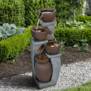 33-inch Tall Cascading Rustic Bowls Fountain with LED Lights Yard Decoration