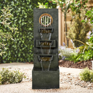 39.3-inch Tall Modern Outdoor Waterfall Fountain - Tall Indoor Relaxing Floor Fountain Outdoor with Light&Pump, Contemporary 4-Tier