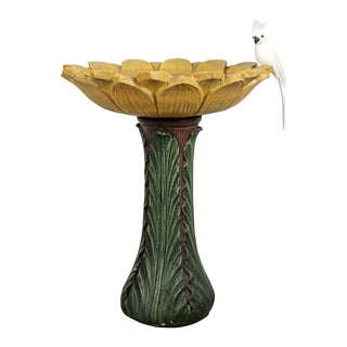 24.4 in. H Concrete Outdoor Birdbath - Sunflower Bowl with Green Leaf Pedestal for Garden, Patio, Lawn, Yard Decor