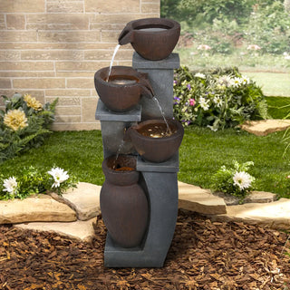 33-inch Tall Cascading Rustic Bowls Fountain with LED Lights Yard Decoration