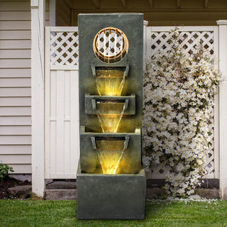 ZEN Flowing Fountain 39.3-inch Tall Modern Outdoor Waterfall Fountain - Tall Indoor Relaxing Floor Fountain Outdoor with Light&Pump, Contemporary 4-Tier