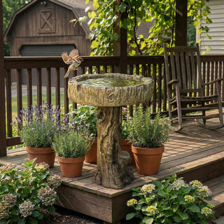 24.4" H Wood-Look Concrete Bird Bath with Decorative Bird Accent