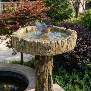24.4" H Wood-Look Concrete Bird Bath with Decorative Bird Accent