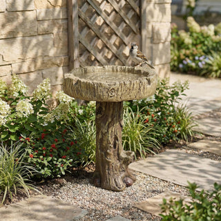 24.4" H Wood-Look Concrete Bird Bath with Decorative Bird Accent