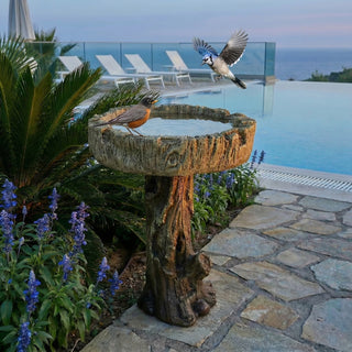 24.4" H Wood-Look Concrete Bird Bath with Decorative Bird Accent