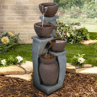 33-inch Tall Cascading Rustic Bowls Fountain with LED Lights Yard Decoration