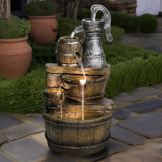 25.5-inch Tall Barrel 5-Tiered Cascading Outdoor Water Fountain with LED Lights