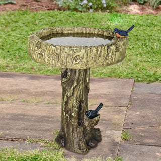 24.4” H Fibre Reinforced Concrete Outdoor Garden Bird Bath with Birds, Woodland Tree Trunk Decoration Yard Statue,Pedestal Birdbaths for Outdoors, Garden, Patio, Lawn, Backyard