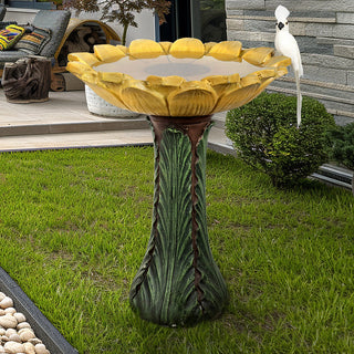 24.4 in. H Concrete Outdoor Birdbath - Sunflower Bowl with Green Leaf Pedestal for Garden, Patio, Lawn, Yard Decor
