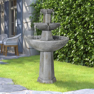 43.3” High Outdoor Water Fountain, 3-Tiers Concrete Outdoor Floor Waterfall Fountain with Pump