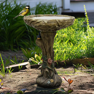Concrete Outdoor Birdbaths -25.5 in. H Woodland Tree Trunk Yard Statue Decoration Birdbath Bird Figurines for Garden