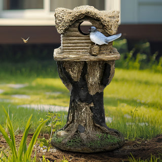 17.7" H Rustic Birdhouse Featuring Tree-Trunk Design, with a Decorative Bird