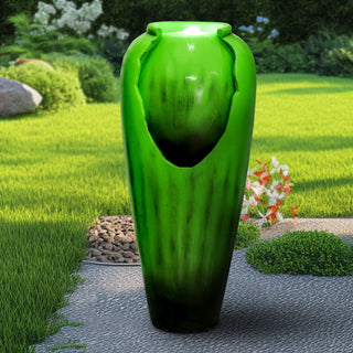30.7-inch Tall Concrete Green Modern Jar Cascading Water Fountain with Lights and Pump