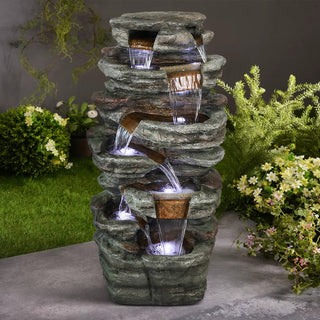 48" Tall Outdoor 6-Tier Amazonian Rainforest Waterfall Fountain with 30 LED Lights