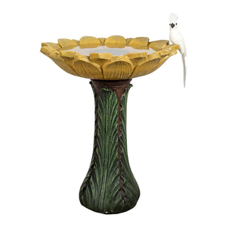 24.4 in. H Concrete Outdoor Birdbath - Sunflower Bowl with Green Leaf Pedestal for Garden, Patio, Lawn, Yard Decor