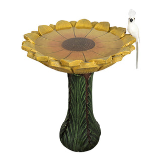 24.4 in. H Concrete Outdoor Birdbath - Sunflower Bowl with Green Leaf Pedestal for Garden, Patio, Lawn, Yard Decor