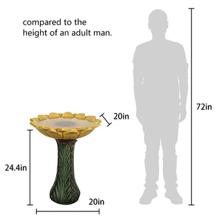 24.4 in. H Concrete Outdoor Birdbath - Sunflower Bowl with Green Leaf Pedestal for Garden, Patio, Lawn, Yard Decor
