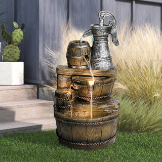 25.5-inch Tall Barrel 5-Tiered Cascading Outdoor Water Fountain with LED Lights