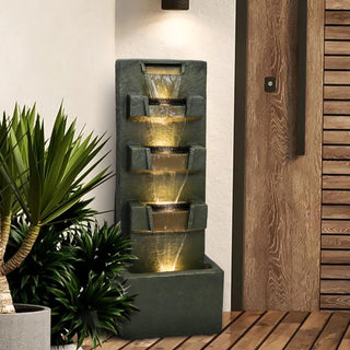 39.3inches High Concrete Modern Water Fountain 5-Tiers Indoor/Outdoor Water Fountain w/LED Lights Cascading Waterfall Features for Home Garden Backyard Decor