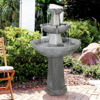 43.3” High Outdoor Water Fountain, 3-Tiers Concrete Outdoor Floor Waterfall Fountain with Pump