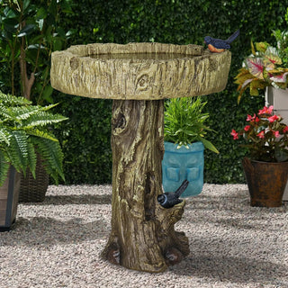 24.4 Inch Heigh Wood-Look Concrete Bird Bath with Decorative Faux Bird – birdbath Rustic & Long-Lasting