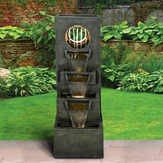 39.3-inch Tall Modern Outdoor Waterfall Fountain - Tall Indoor Relaxing Floor Fountain Outdoor with Light&Pump, Contemporary 4-Tier
