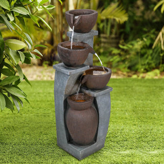 33-inch Tall Cascading Rustic Bowls Fountain with LED Lights Yard Decoration