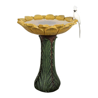24.4 in. H Concrete Outdoor Birdbath - Sunflower Bowl with Green Leaf Pedestal for Garden, Patio, Lawn, Yard Decor