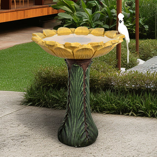24.4 in. H Concrete Outdoor Birdbath - Sunflower Bowl with Green Leaf Pedestal for Garden, Patio, Lawn, Yard Decor