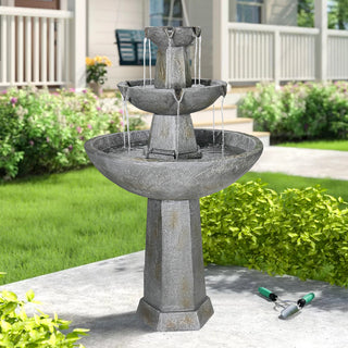 43.3” High Outdoor Water Fountain, 3-Tiers Concrete Outdoor Floor Waterfall Fountain with Pump