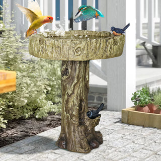 24.4 Inch Heigh Wood-Look Concrete Bird Bath with Decorative Faux Bird – birdbath Rustic & Long-Lasting