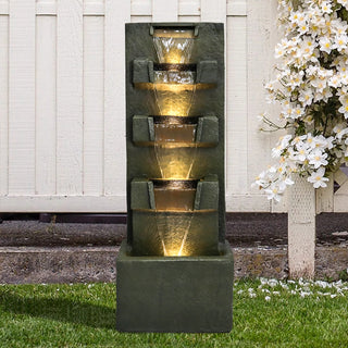 39.3inches High Concrete Modern Water Fountain 5-Tiers Indoor/Outdoor Water Fountain w/LED Lights Cascading Waterfall Features for Home Garden Backyard Decor