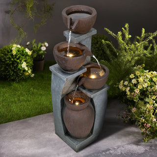 33-inch Tall Cascading Rustic Bowls Fountain with LED Lights Yard Decoration