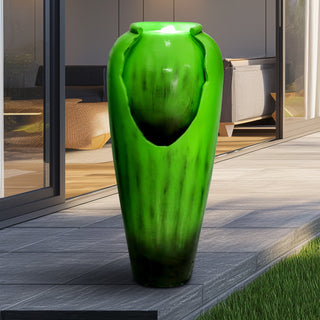 30.7-inch Tall Concrete Green Modern Jar Cascading Water Fountain with Lights and Pump