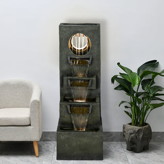 39.3-inch Tall Modern Outdoor Waterfall Fountain - Tall Indoor Relaxing Floor Fountain Outdoor with Light&Pump, Contemporary 4-Tier