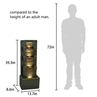 39.3inches High Concrete Modern Water Fountain 5-Tiers Indoor/Outdoor Water Fountain w/LED Lights Cascading Waterfall Features for Home Garden Backyard Decor